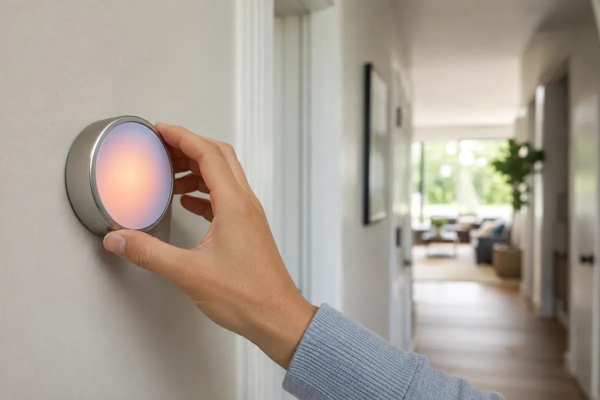 A homeowner adjusts a glowing round smart thermostat on a hallway wall