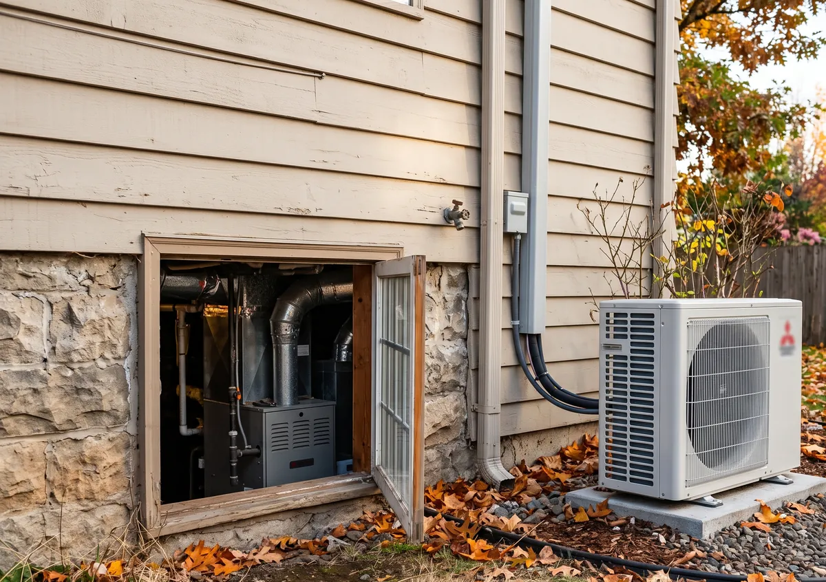 An outdoor heat pump beside the house wall with a furnace visible through the basement window