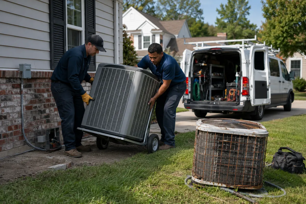 Technicians move a new condenser into place while the old rusted unit sits disconnected on the lawn